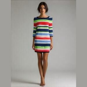 Vince Camuto Red Green Blue Striped Silky Knit Long Sleeve Sheath Dress 6